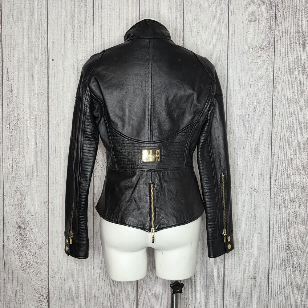 Marciano Black Leather Moto Jacket Gold Hardware Leopard Lining, sz Large - Picture 5 of 9